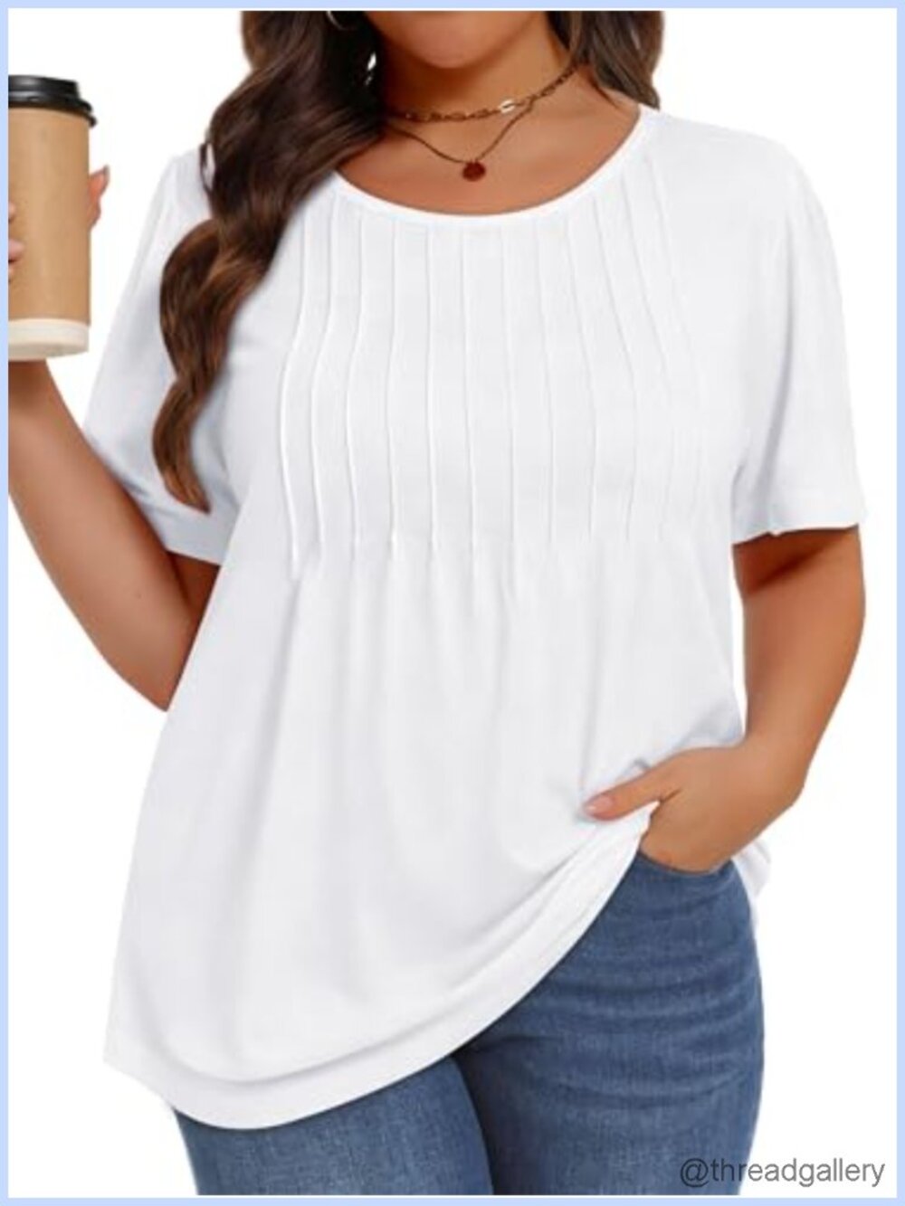 Plus Size Pleated Short Sleeve Top Cotton Blend Loose Fit Tunic
